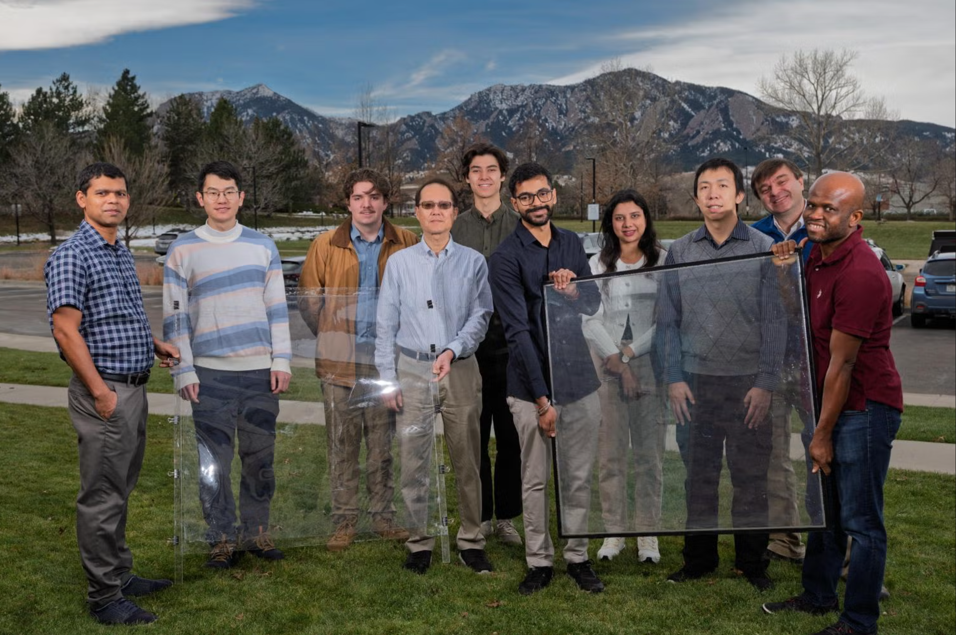 From left to right, Eldho Abraham, Gewei (Gary) Chen, Abram Fluckiger, Taewoo Lee, Keita Richardson, Shiva Singh, Shakshi Bhardwaj, Hanqing Zhao, Ivan Smalyukh, and Alex Adaka. (CREDIT: Glenn Asakawa/CU Boulder)