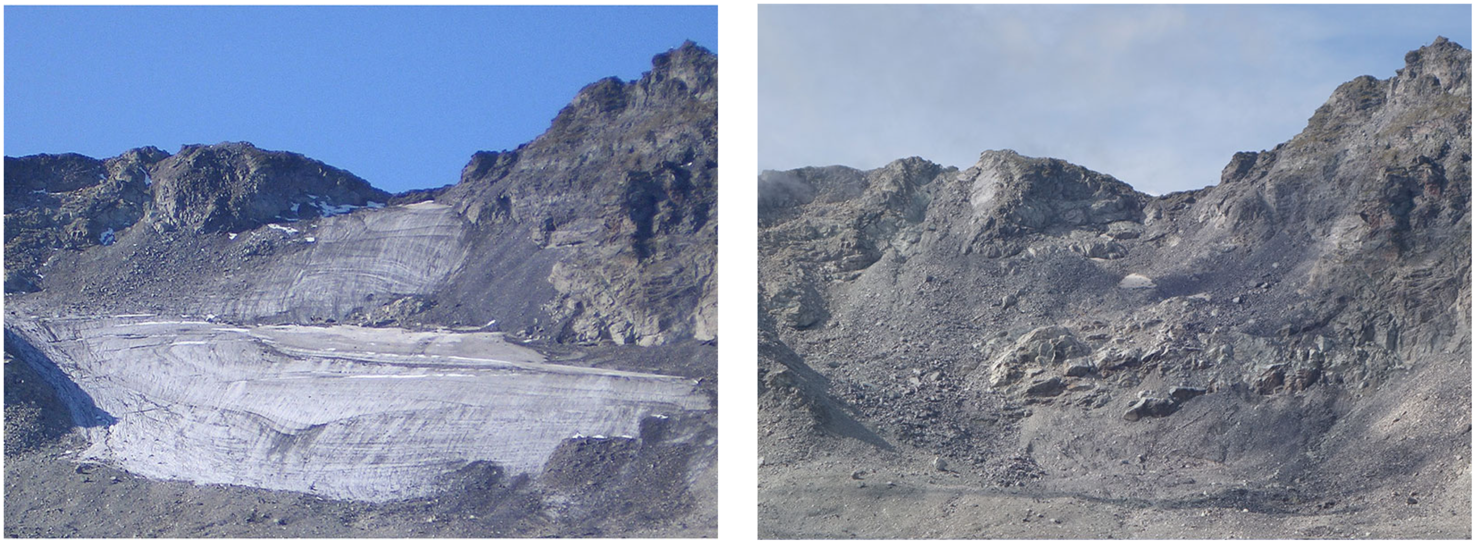 Small glaciers in the Alps are disappearing completely – as already happened with the Pizol Glacier – and this is becoming increasingly common. The photo shows the Pizol in 2006 and the same spot in 2025.