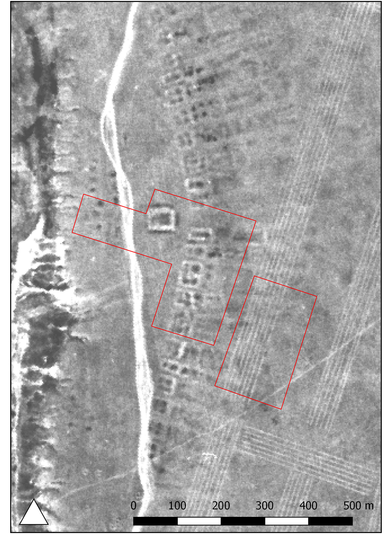 Corona spy photograph of Semiyarka (KH4B Mission 1116, April 1972). Red boxes indicategeophysical prospection areas