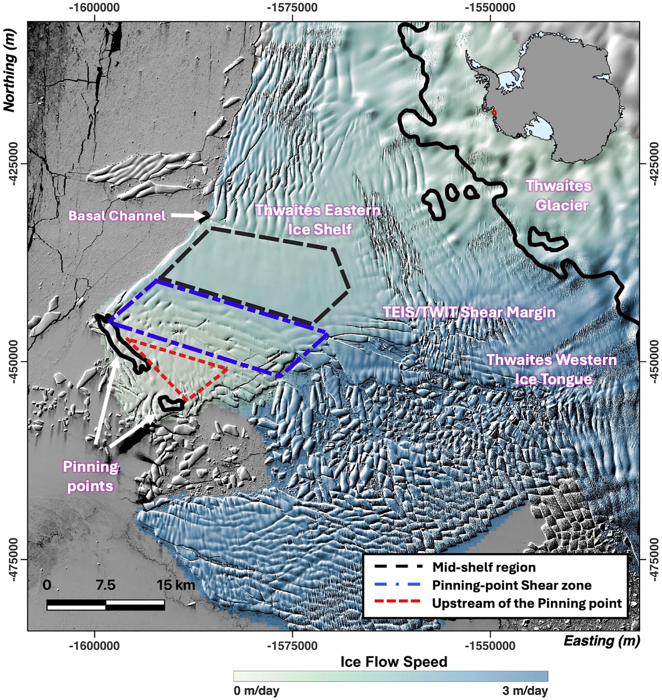Study area: Thwaites Eastern Ice Shelf (TEIS) and surroundings. TEIS, Thwaites Western Ice Tongue (TWIT), pinning points, shear margin between TEIS and the TWIT, and Thwaites Glacier are also labeled