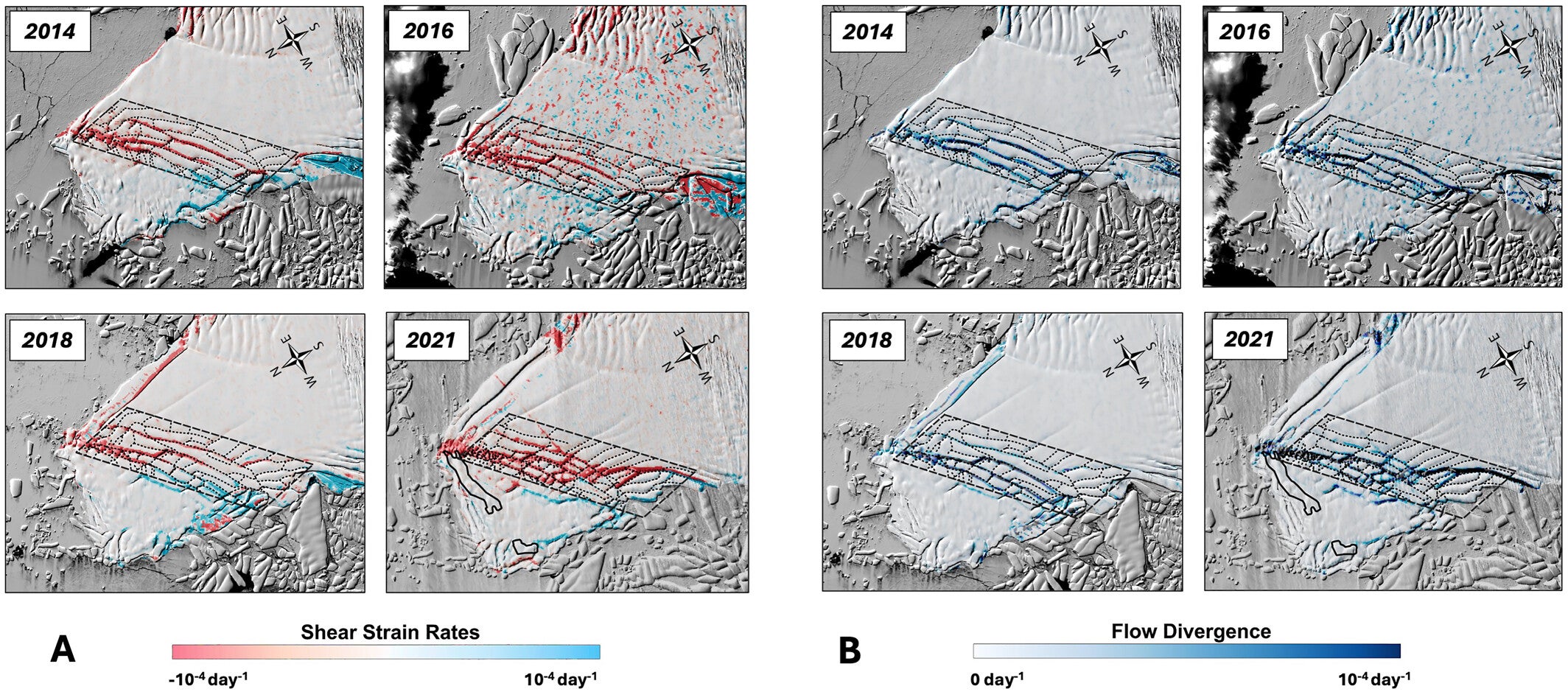 Changing shear-strain rates and flow divergence over Thwaites Eastern Ice Shelf (TEIS). 