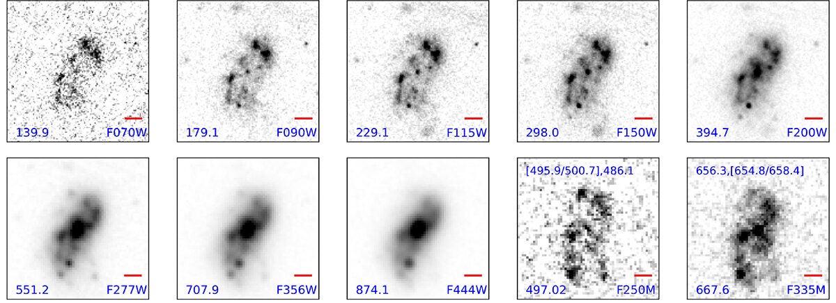 Grayscale cutouts of Alaknanda in all JWST/NIRCam broadband filters (top two rows). The red horizontal bar in the bottom right corner of each cutout shows a 2 kpc scale at the redshift of the galaxy.