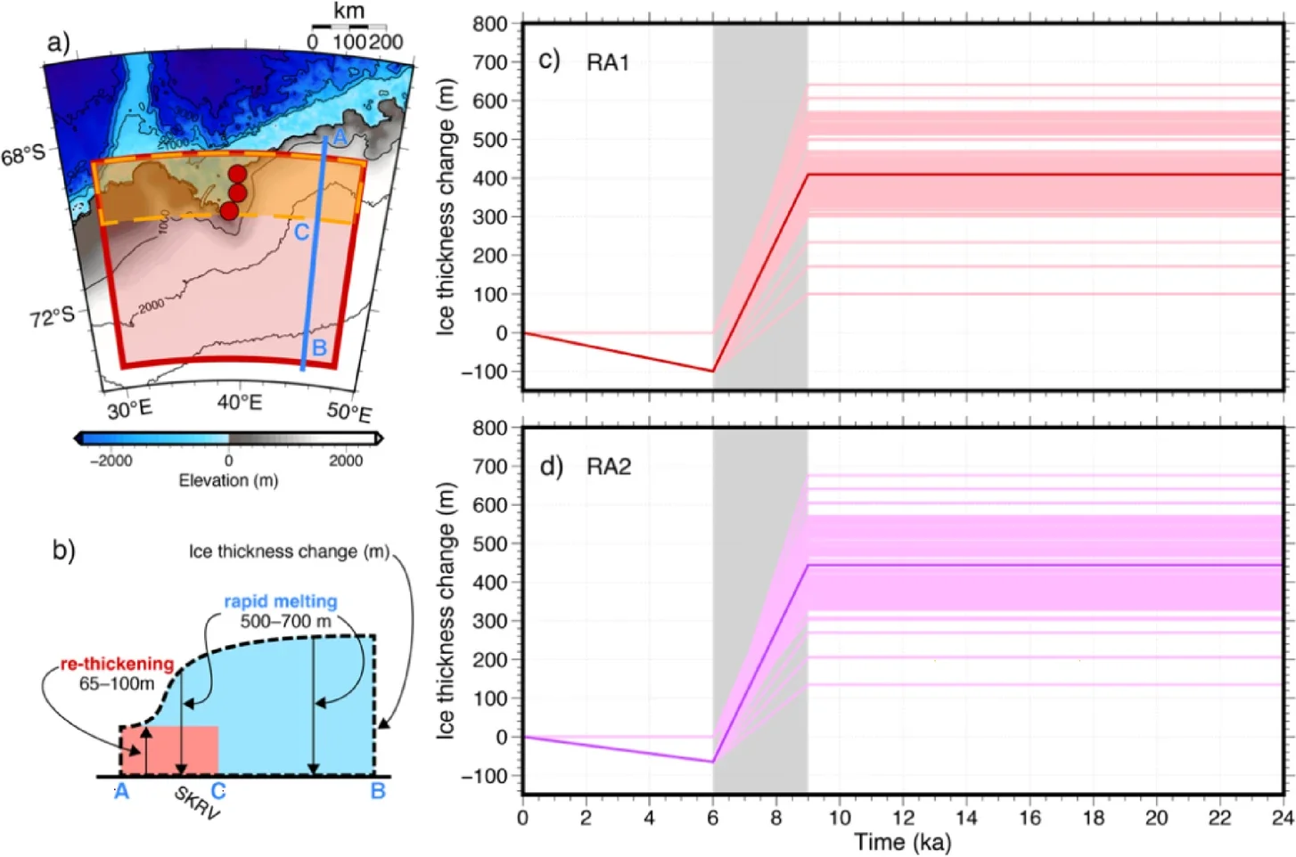 Region of ice-sheet re-thickening (region bounded by the dashed orange line) considered in the RA1 and RA2 models