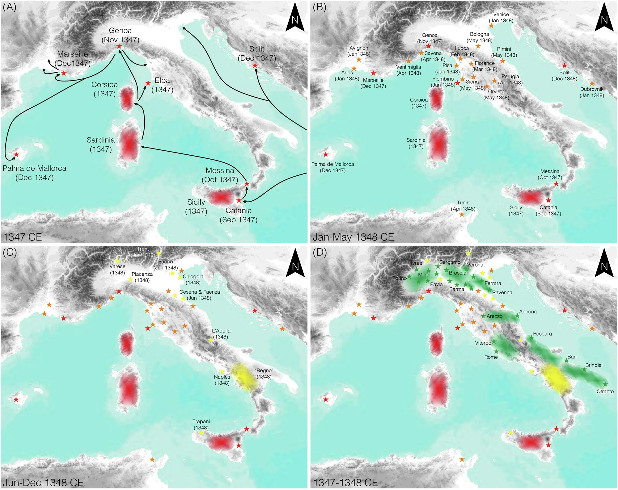Onset of the Black Death in southern Europe. The first reported plague outbreaks in 1347 CE in southern Europe (red stars), together with the assumed routes of Venetian and Genoese grain ships (black lines).