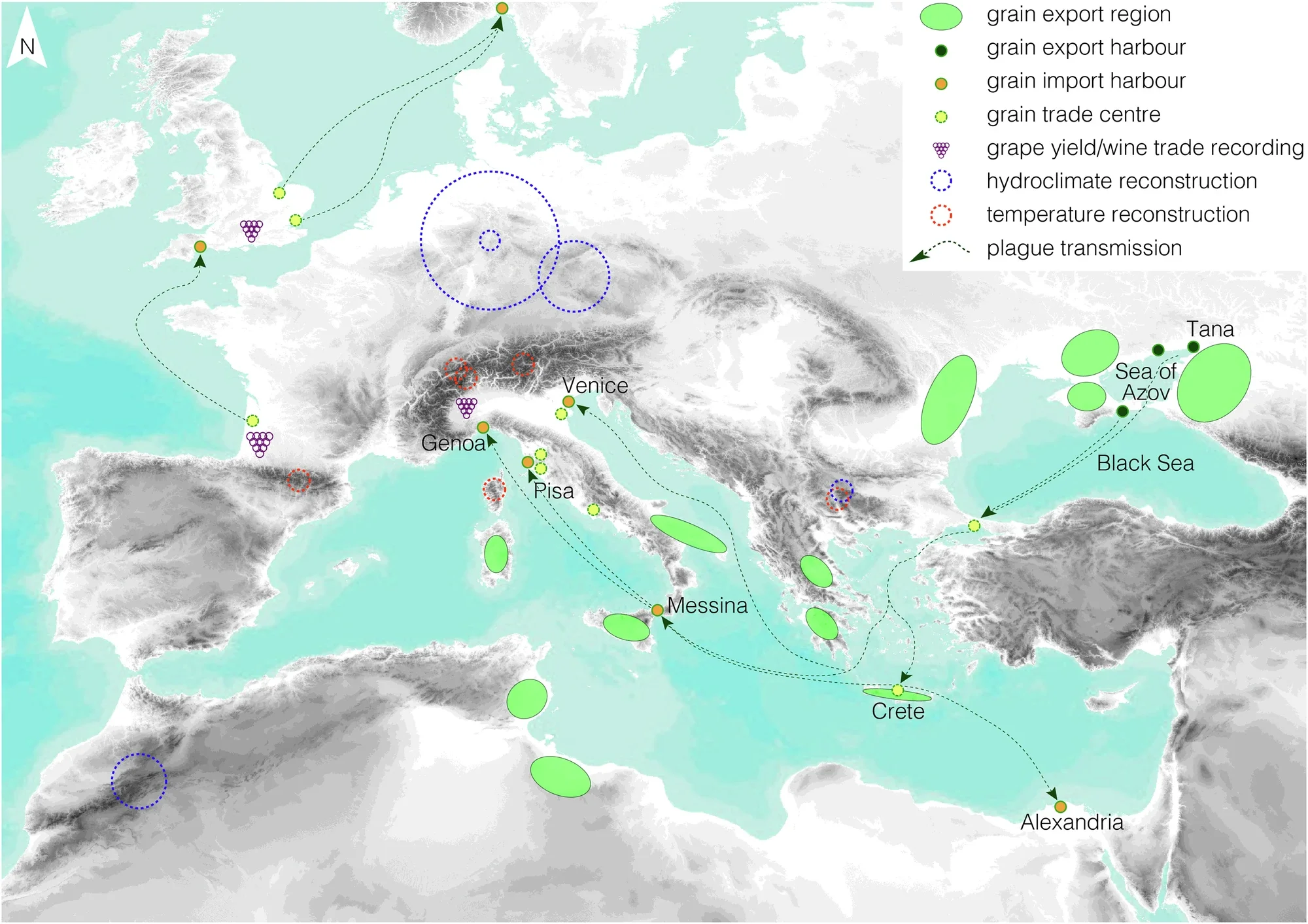 Grain trade and plague dispersal. Main aspects of the Venetian, Genoese and Pisan grain trade network that prevented much of Italy from starvation in 1347 CE but also brought the plague bacterium Yersinia pestis to Venice and other Mediterranean harbours during the second half of 1347 CE, from where it spread rapidly.