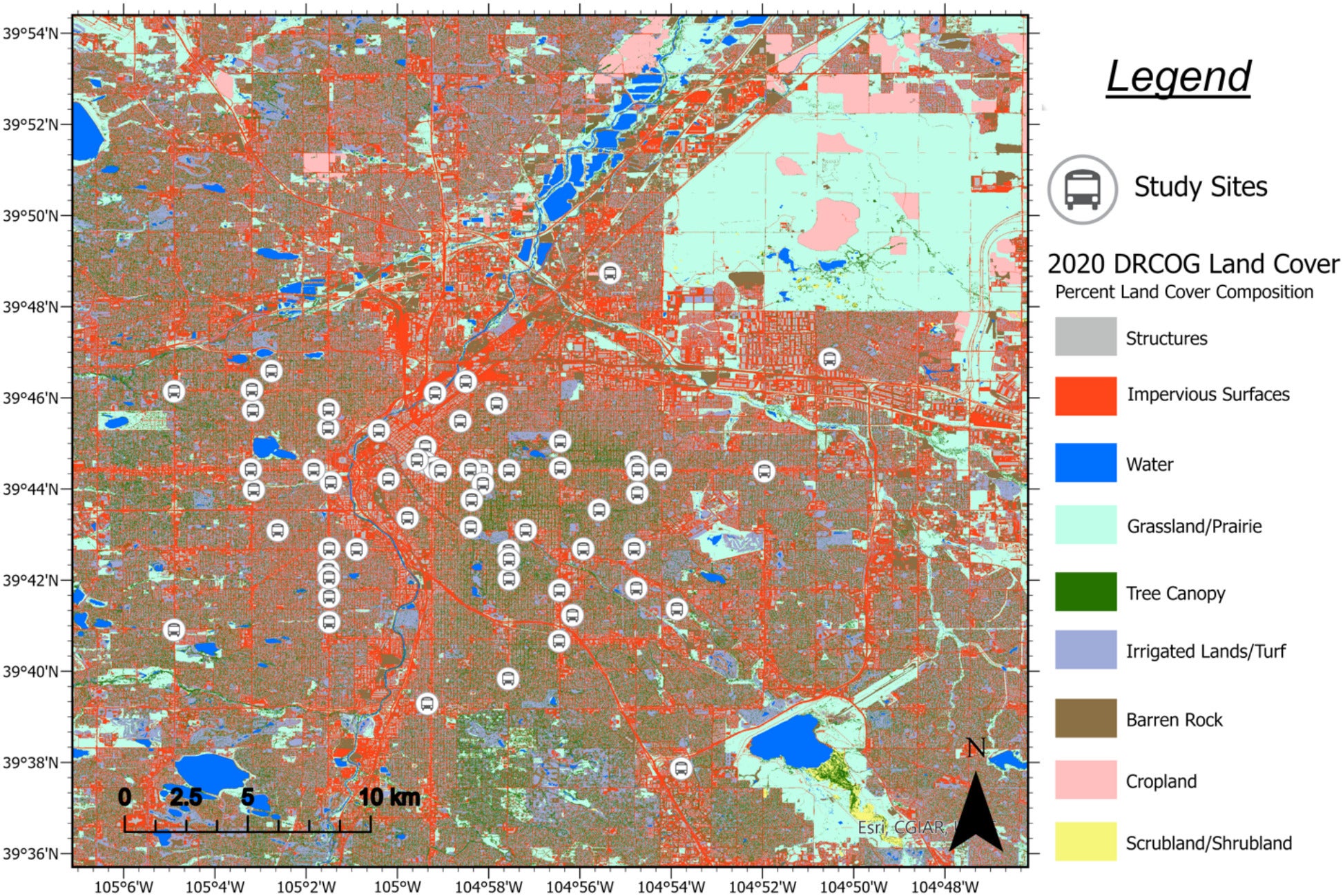 60 bus stops in the Denver metropolitan area were chosen as study sites across a gradient of one-meter-squared land cover composition.