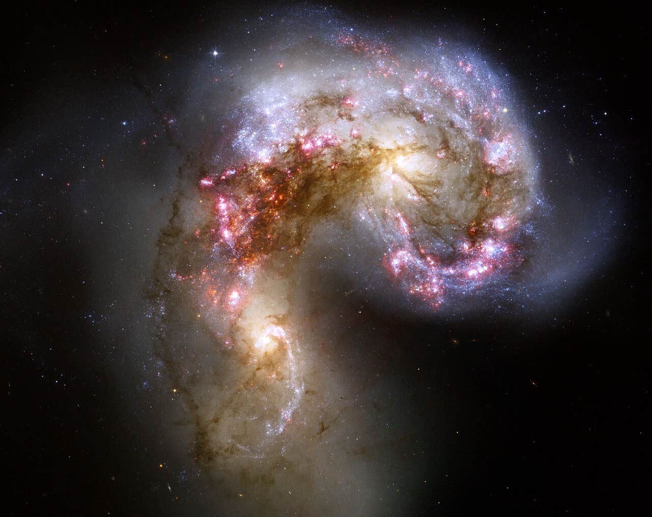 This Hubble image of the Antennae galaxies is the sharpest yet of this merging pair of galaxies.