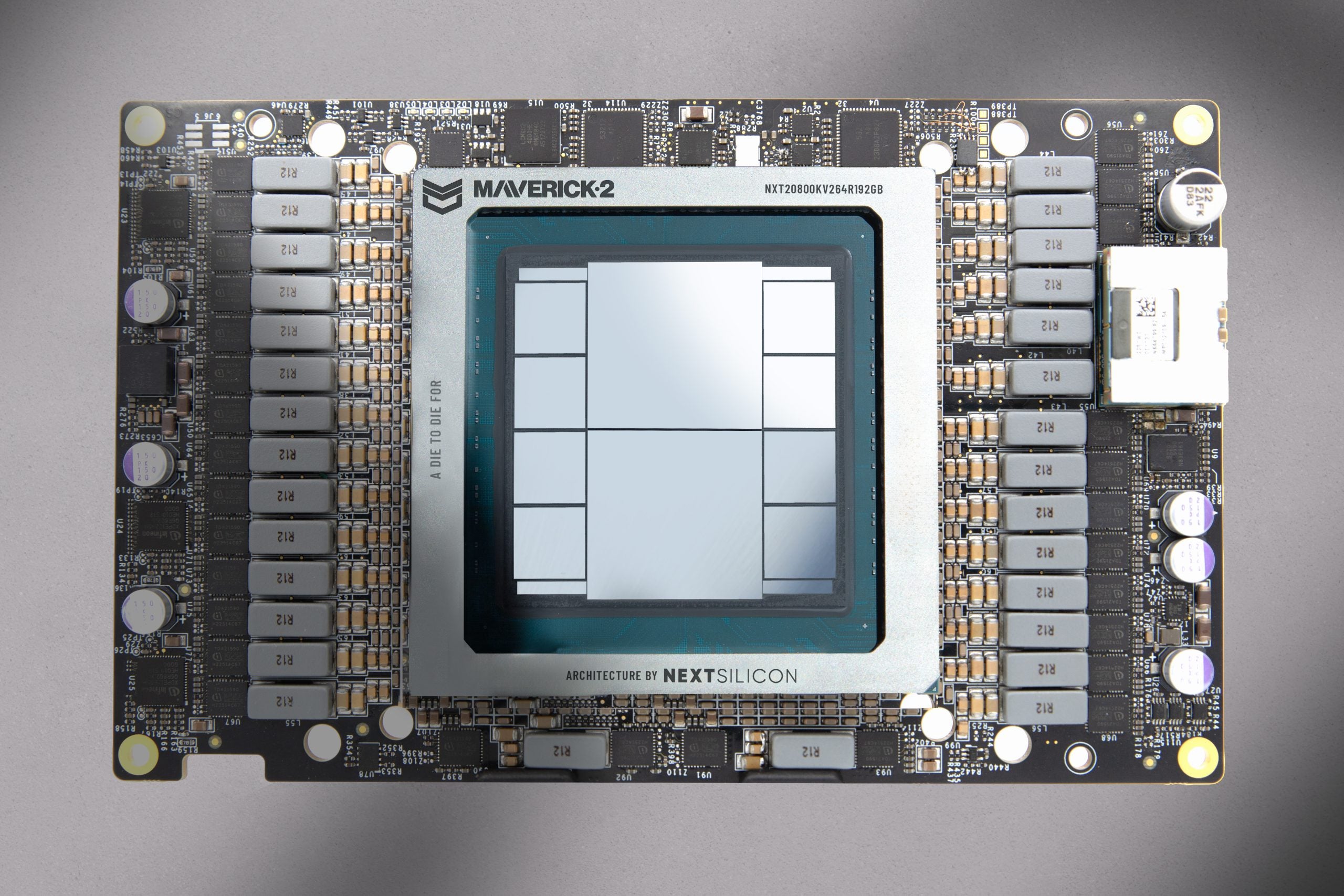 Sandia National Laboratories’ Spectra features 64 compute nodes, each equipped with two second-generation Maverick Open Accelerator Module devices like the one pictured here. Each device hosts two Maverick-2 accelerators in a dual-die configuration.