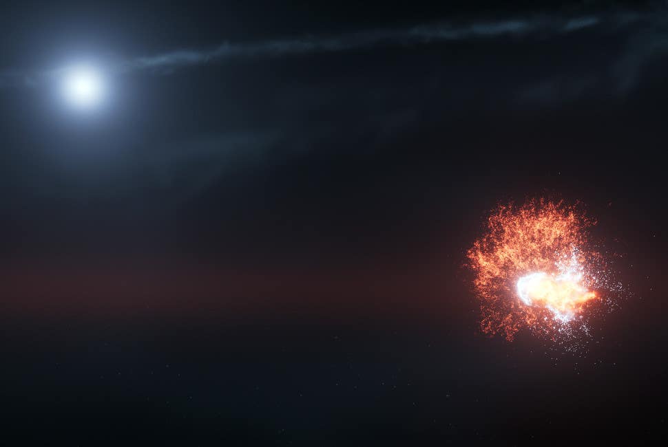 This artist’s concept shows the violent collision of two massive objects in orbit around the star Fomalhaut. “Spotting a new light source in the dust belt around a star was surprising. We did not expect that at all,” said Northwestern’s Jason Wang.