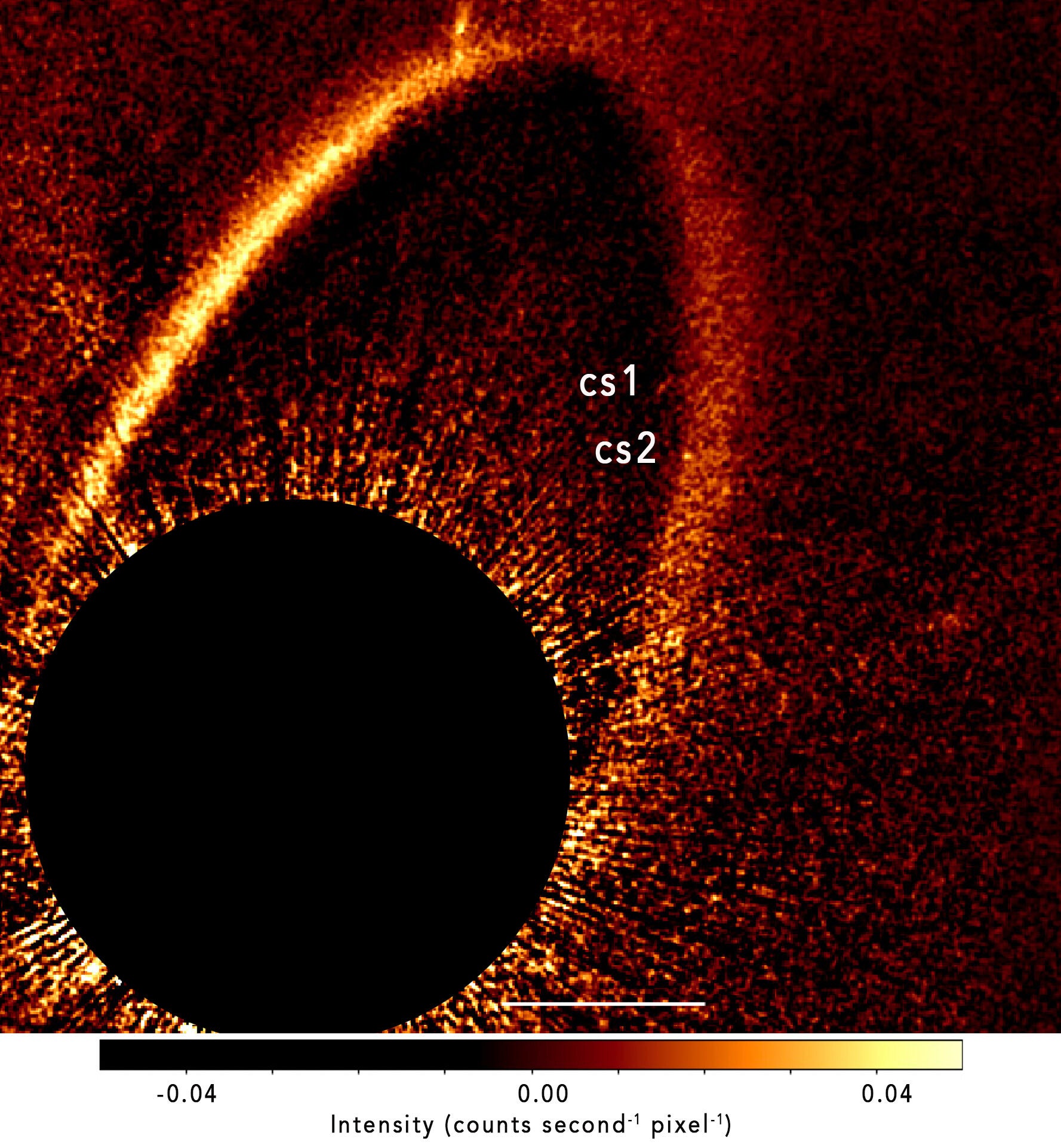 Composite image of the 2012, 2013, and 2023 observations. The white light STIS images from three epochs have been averaged (intensity indicated by the color bar) to show the relative positions of cs1 and cs2 (white labels), a decade apart.