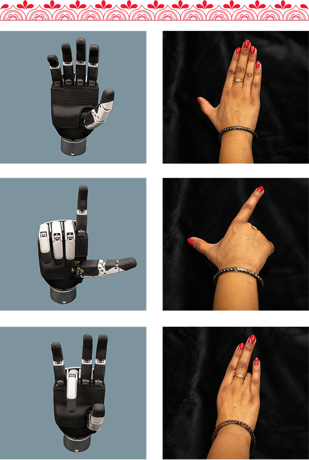 Ashwathi Menon demonstrates mudras, which are copied by an Inspire robotic hand. From top to bottom the mudras are: Ardhachandra, meaning “half moon;” Chandrakala, meaning “crescent moon;” and Tripataka, meaning “three parts of the flag.” The mudras can demonstrate various elements of a story, including weapons, trees, flowers, or concepts such as balance, unity, and beauty.