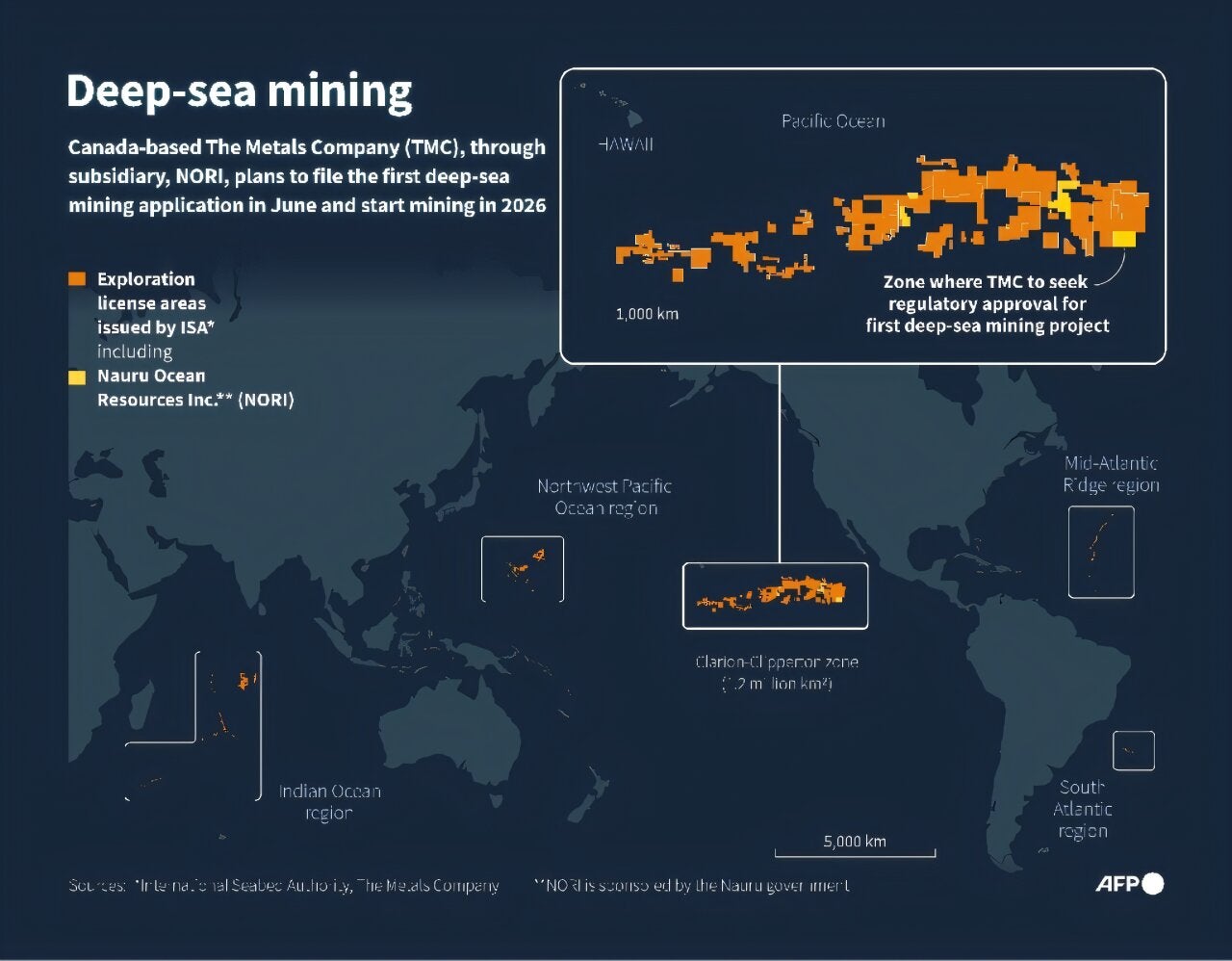 Exploration areas licensed by the International Seabed Authority, including to The Metals Company, a Canadian company.