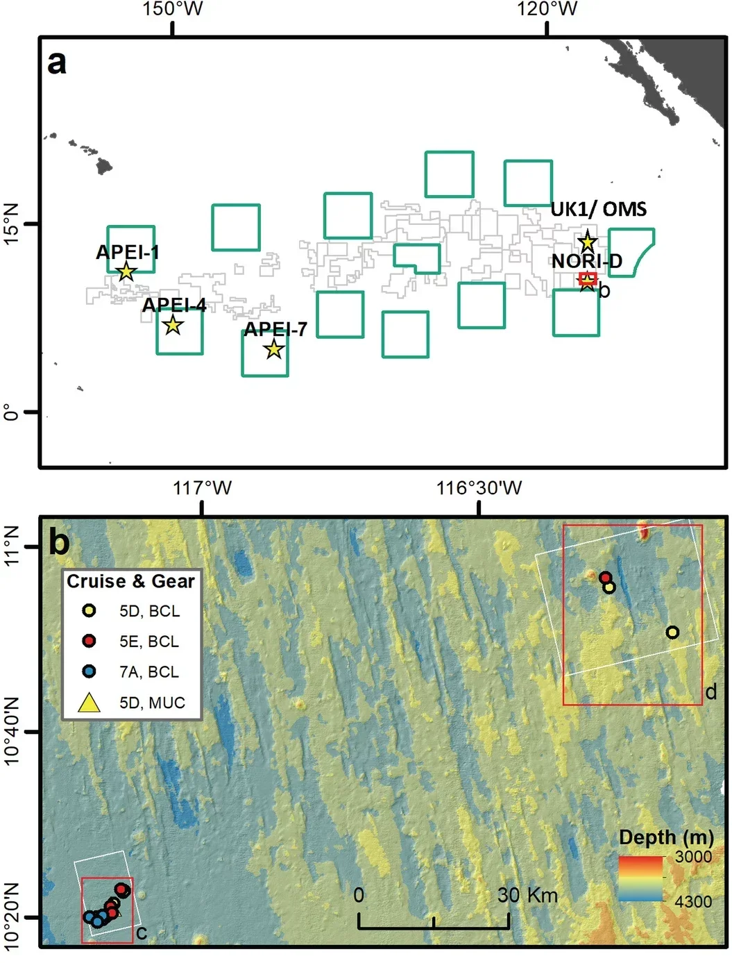 Benthic chamber lander and multi-corer deployment locations across the CCZ.