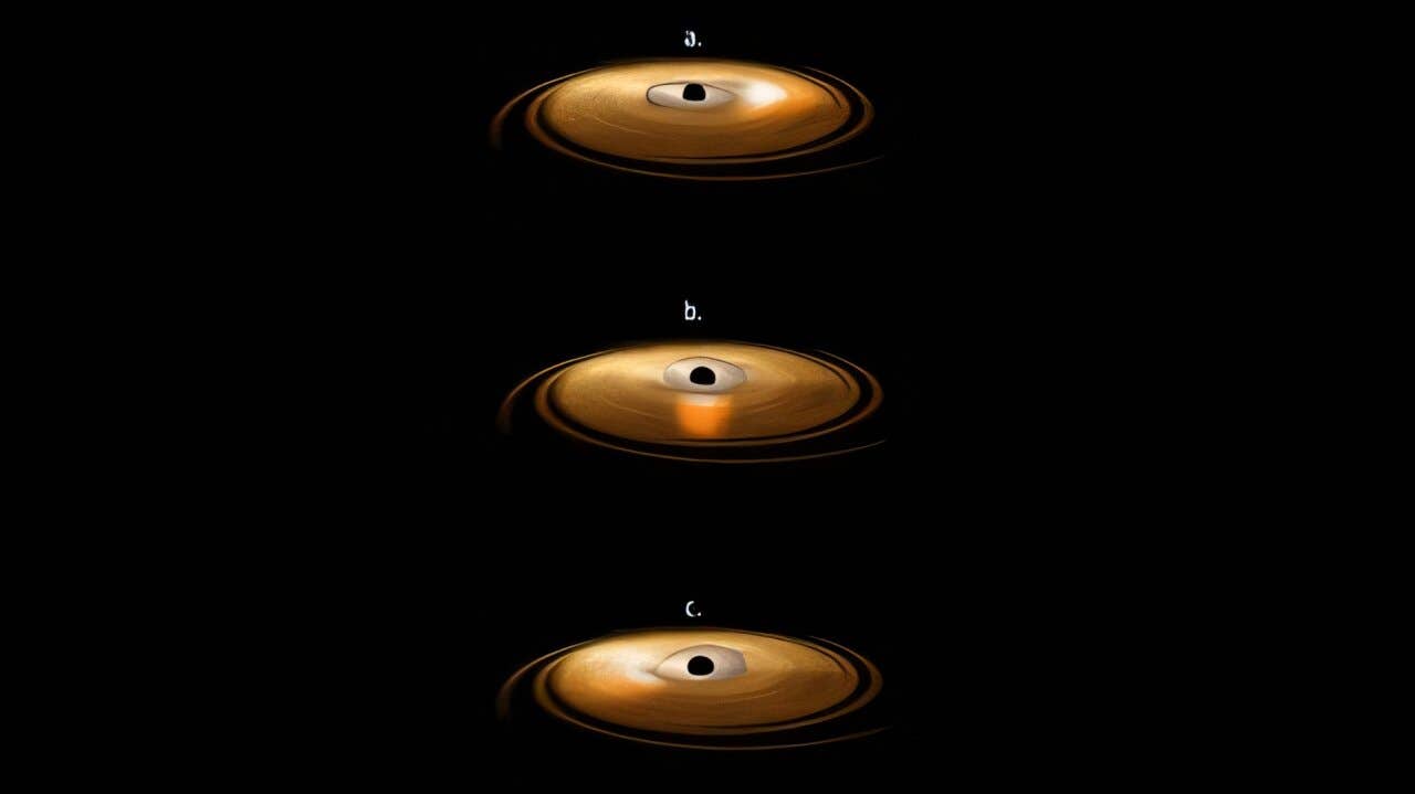 An artist’s impression shows a black hole’s accretion disc with its inner region wobbling as the orbiting material shifts orientation around the central object.