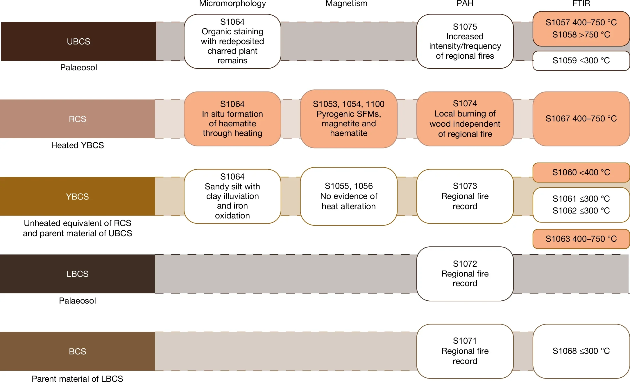 Schematic diagram through palaeosol complex with analytical results.