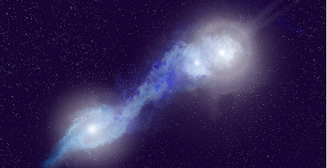 An artist’s rendering shows the rare galaxy system J1219+1035, where three galaxies are in the process of merging. At their cores sit three actively feeding, radio-bright supermassive black holes, with powerful jets illuminating the gas around them.