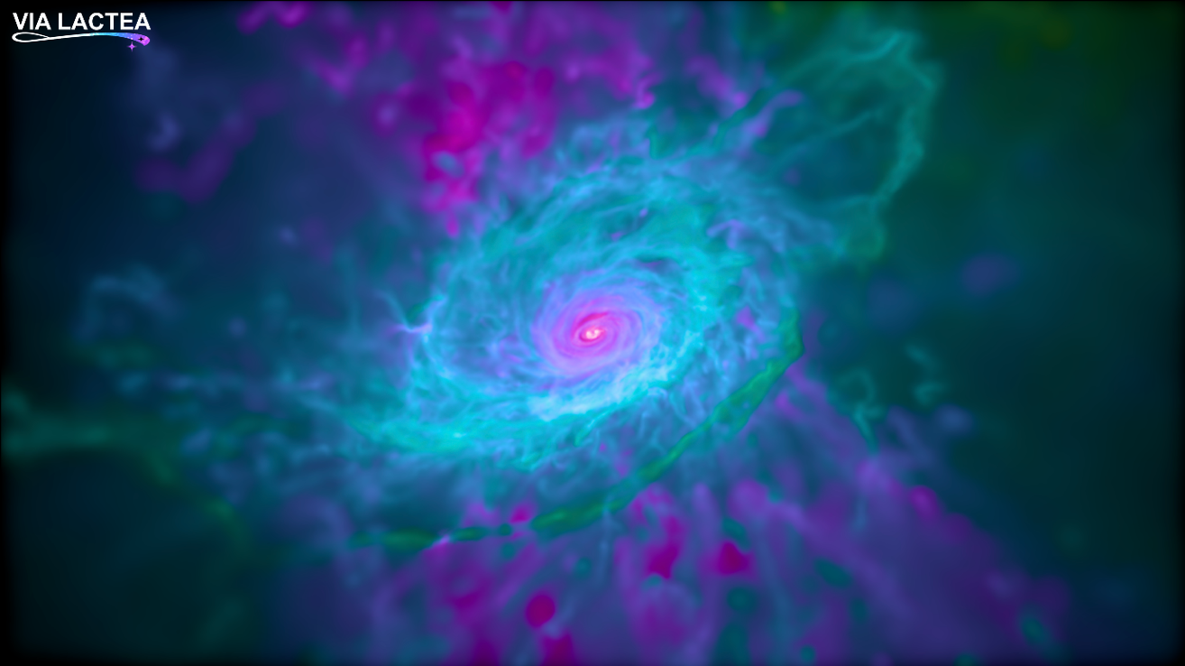 This image shows the gas disc in a computer simulation of a Milky Way-like galaxy from the Auriga suite. Colours represent the ratio of magnesium (Mg) to iron (Fe), revealing that the galactic centre (pink) is poor in Mg, while the outskirts (green) are Mg-rich. These chemical patterns provide important clues about how the galaxy formed.