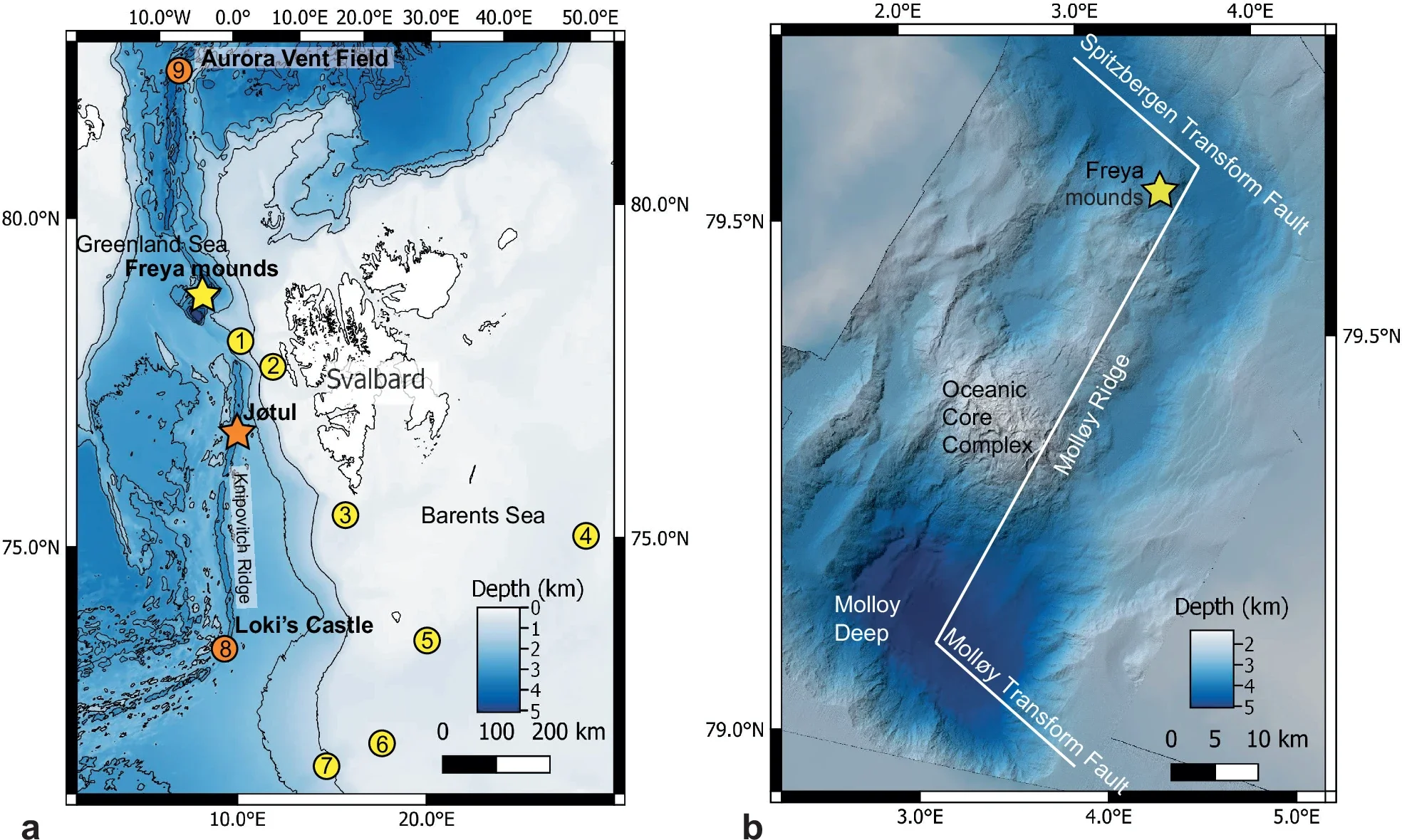 Overview of the location of high-Arctic (>72 °N) cold seeps and hydrothermal vents.