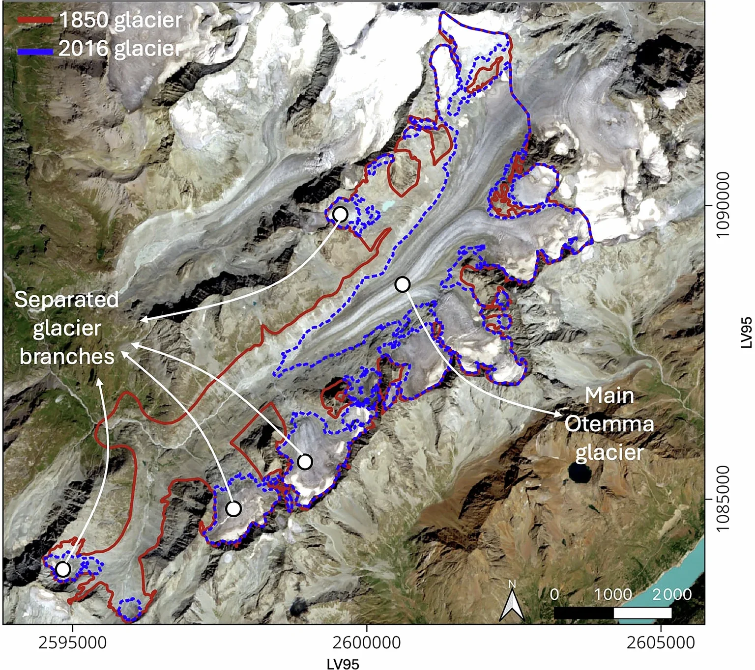 Otemma Glacier (southwestern Switzerland) has undergone significant retreat and fragmentation since the end of the Little Ice Age. A once-continuous glacier tongue has split into smaller branches, now appearing as separate ice bodies.