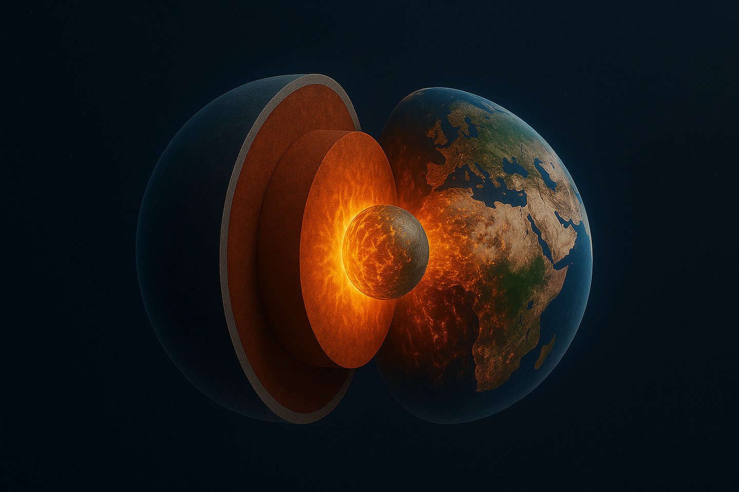 Graphic representation of Earth’s shell structure showing the super-heated metallic inner core in the centre, followed by the solid outer core, the rocky mantle and the thin crust towards the surface. New research from the University of Göttingen demonstrates that some precious metal-rich material from the core is leaking into the Earth’s mantle above.