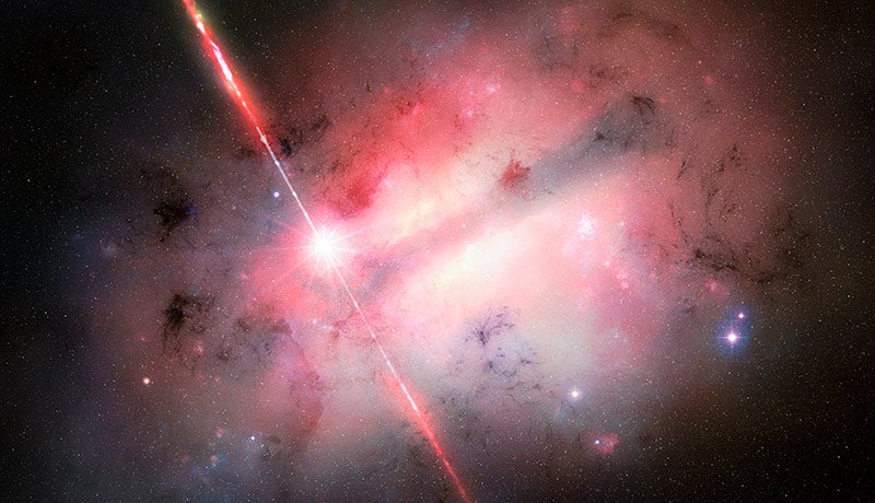 This artist’s rendering shows GRB 250702B erupting inside its host galaxy, just left of center.