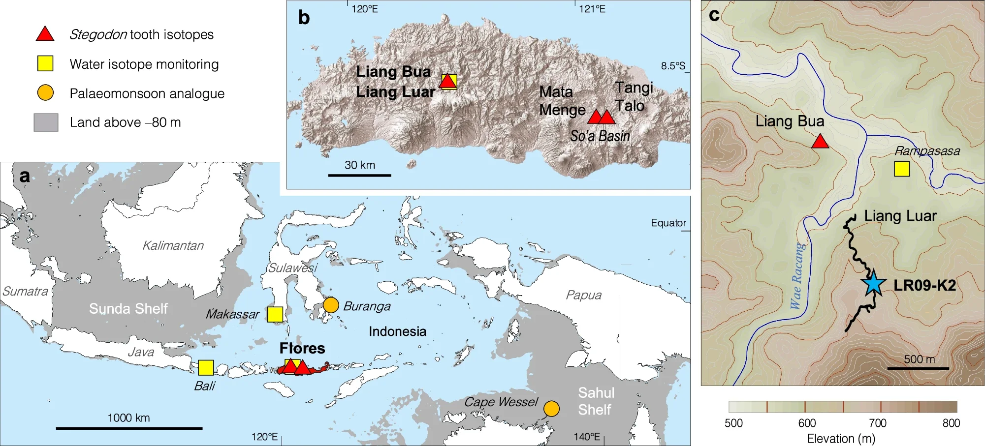 Physiographic attributes of the study area. Location of the island of Flores, Indonesia. Grey shading shows land exposed above the present-day –80 m isobath at the sea-level lowstand around 65 ka.