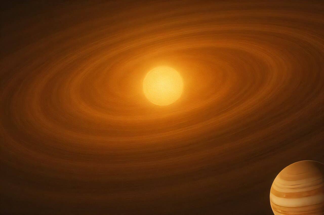 An illustration of a Jupiter mass planet migrating through a protoplanetary disk.