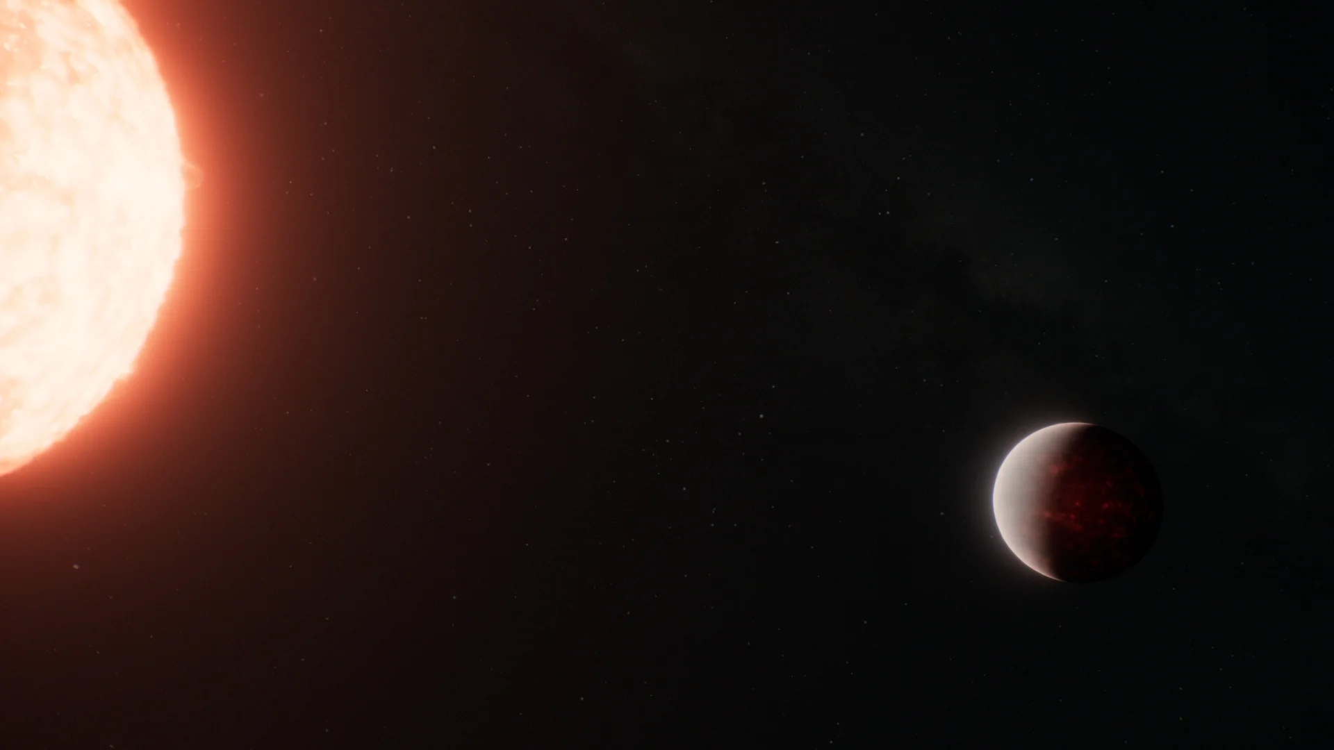 An artist’s rendering shows TOI-561 b as a super-hot world with a global magma ocean wrapped in a thick atmosphere, based on Webb and other telescope data.