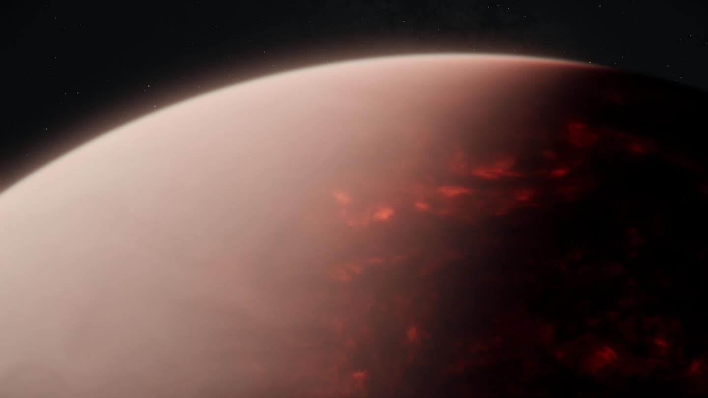 An artist’s rendering shows TOI-561 b with a thick atmosphere over a global magma ocean, supported by Webb observations indicating the planet isn’t a bare rock despite intense stellar radiation.