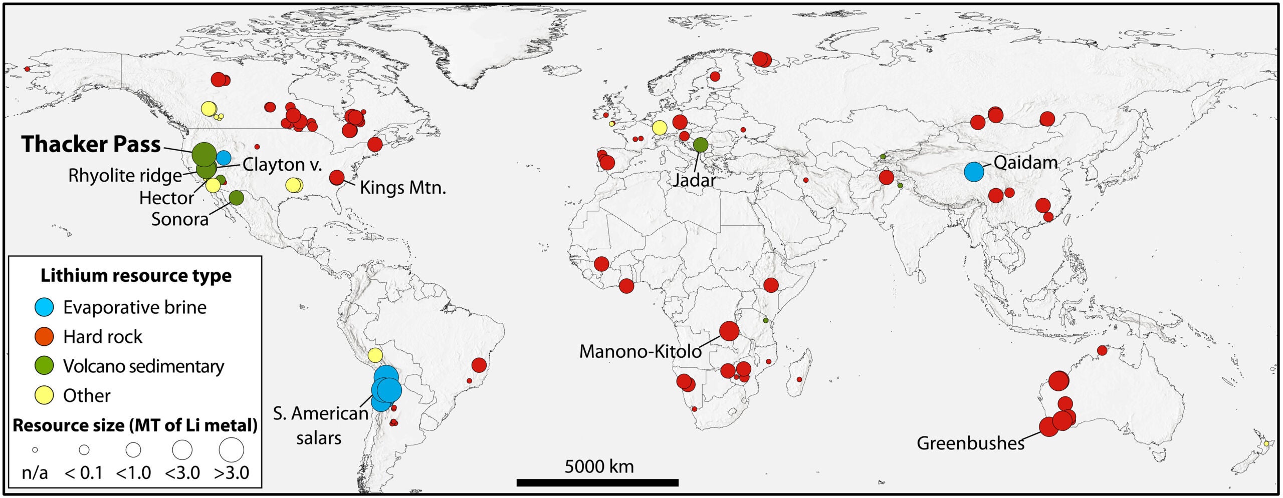 Map showing type and relative size of global lithium resources.