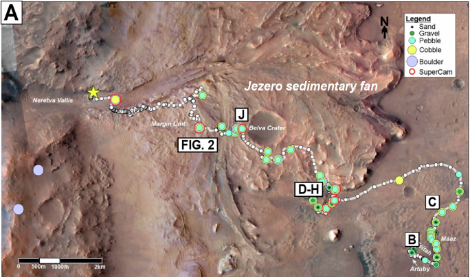 Location and examples of light-toned float rocks discovered at Jezero crater, Mars.