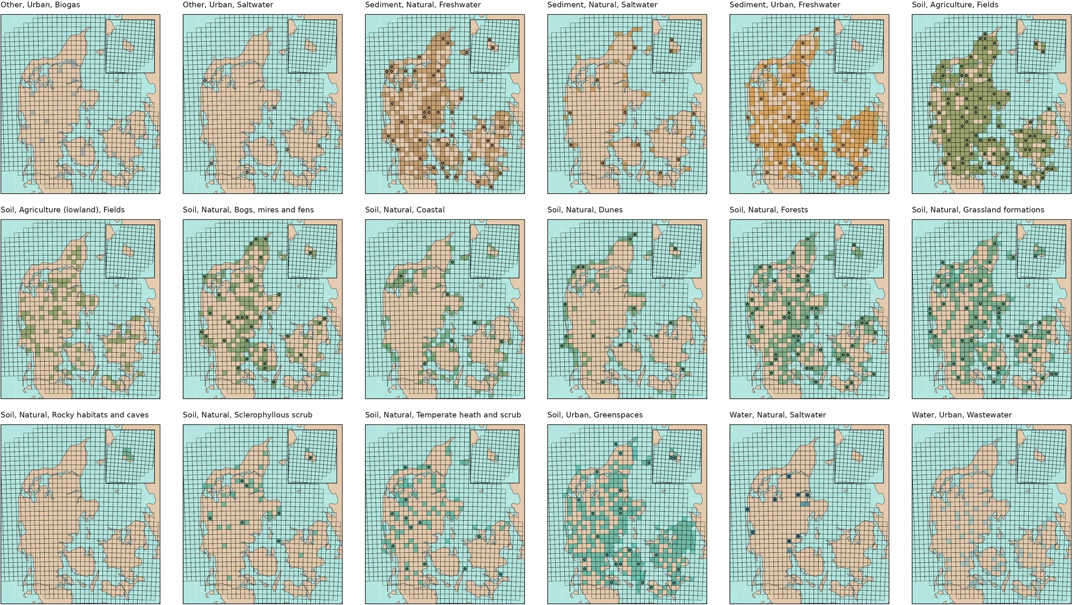 Distribution of the samples per MFDO1 habitats in the 10 km EU reference grid of Denmark.