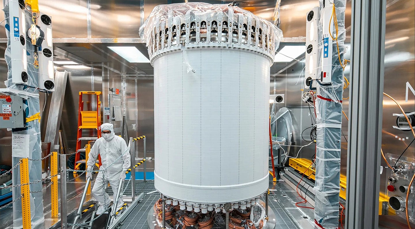 The LUX-ZEPLIN main detector in a surface lab before installation underground.