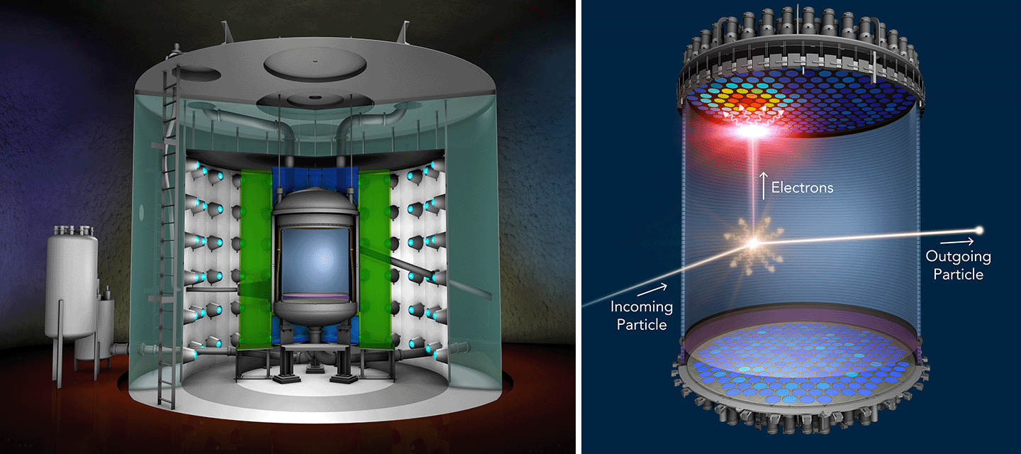 LZ uses a cylindrical chamber full of liquid xenon to look for dark matter. It is surrounded by additional layers to detect or block background particles (left). When a WIMP or neutrino collides with a xenon atom (right), the xenon atom emits a flash of light and electrons. The light is detected at the top and bottom of the liquid xenon chamber. 