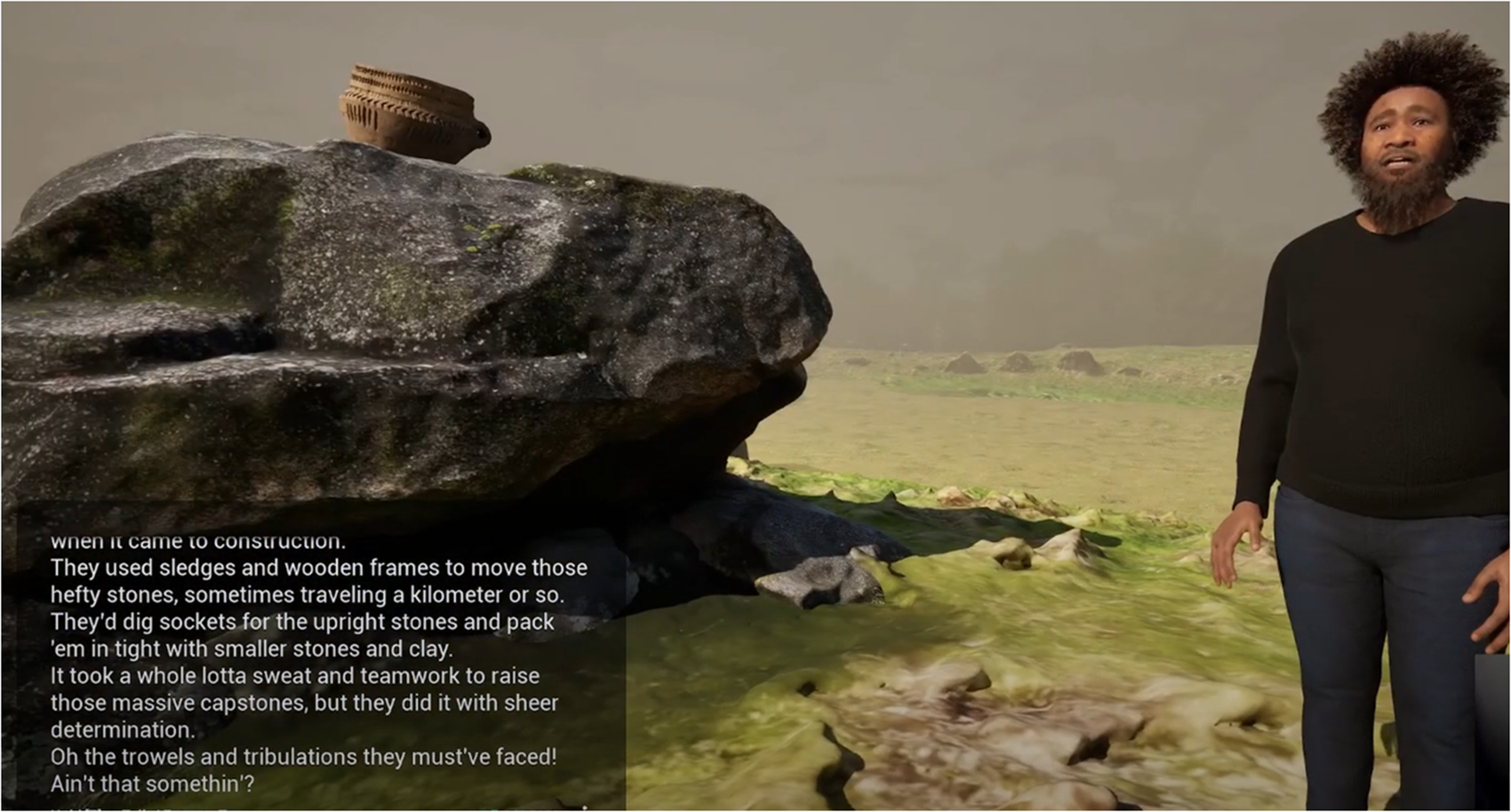 Screenshot of gameplay where Dolmen Guy talks about dolmen building techniques, by Mikkel Nørtoft.