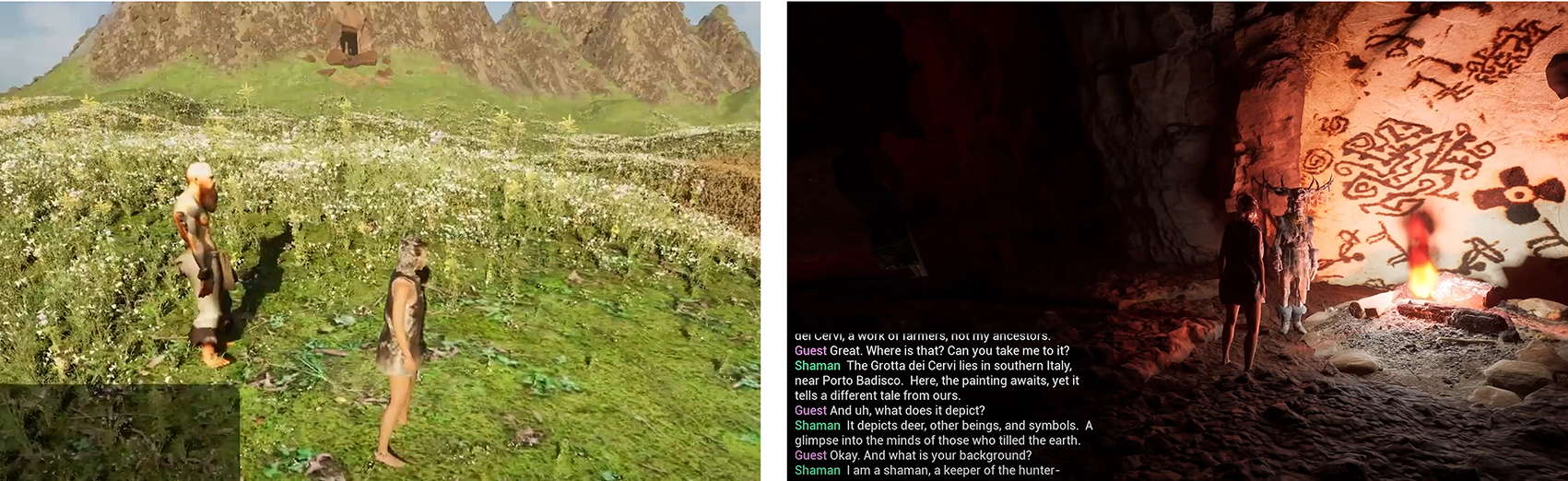 Screenshots of gameplay from level 2 of the game: left, Dolmen Debbie on a procedurally generated meadow with an AI-generated “Ötzi” character and cave in the background; right, a shaman gives Debbie (now as player) a hunter-gatherer perspective while guiding around the cave paintings; the only Neolithic cave painting in the game is from Grotta Dei Cervi in Italy.
