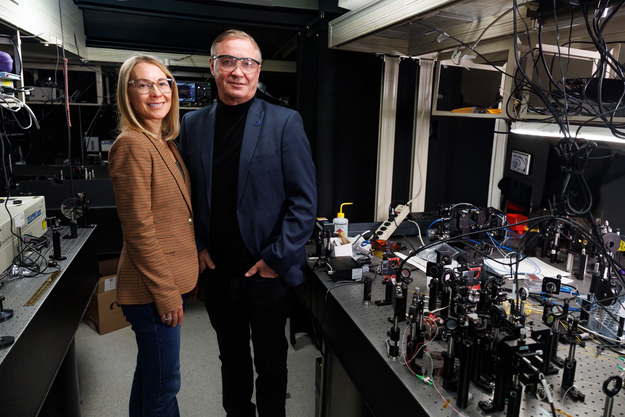 Alexandra Boltasseva, left, Ron and Dotty Garvin Tonjes Distinguished Professor, and Vladimir Shalaev, Bob and Anne Burnett Distinguished Professor, in the Elmore Family School of Electrical and Computer Engineering.