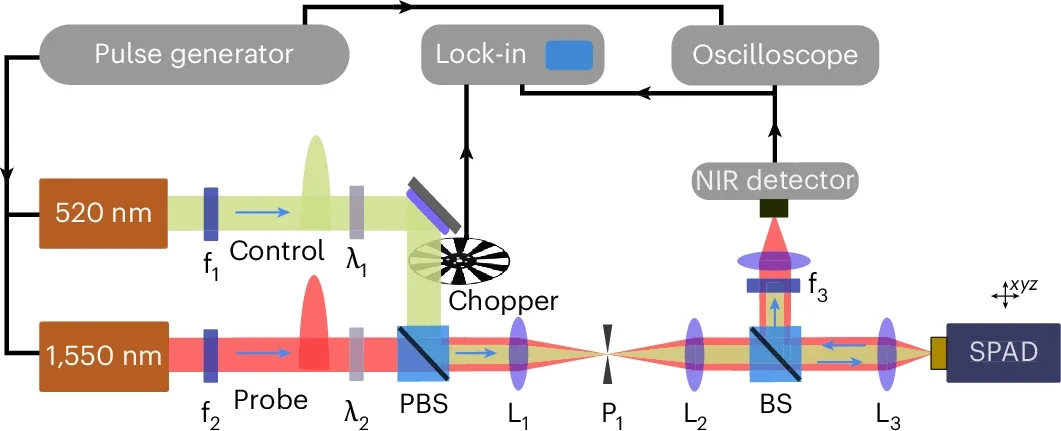 Schematics of the set-up. The pulse generator triggers the emission of laser pulses for both the control and probe beams with a certain delay. After passing through filters (f1 and f2), the beams are combined using a polarizing beam splitter. Half-wave plates (λ1 and λ2) are used to control the intensity of each beam.