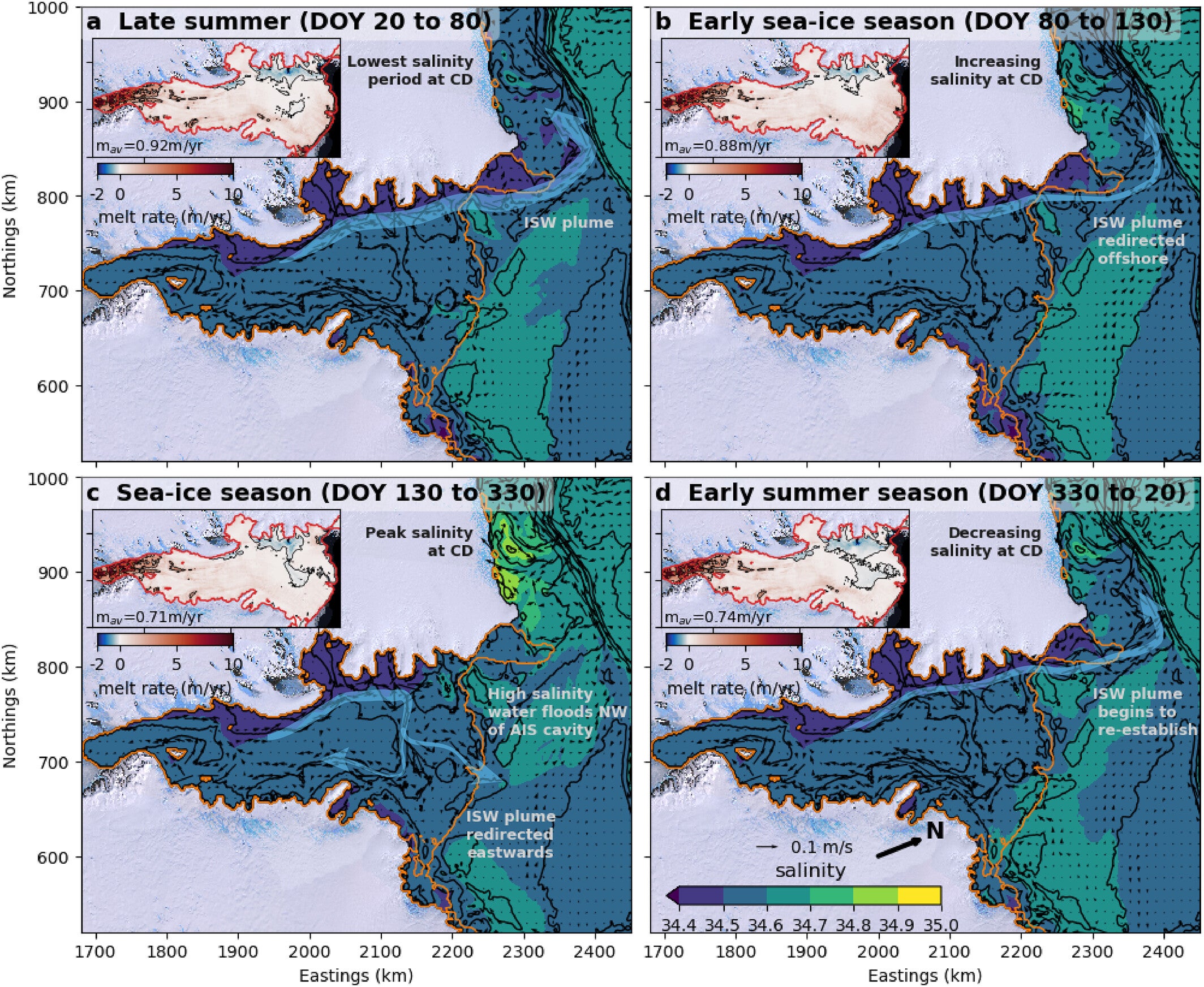 The seasonal cycle in melting and DSW formation at Cape Darnley is shown schematically. The main filled contour plot shows bottom salinity and vectors for the mean flow, and melt rates in the insets.