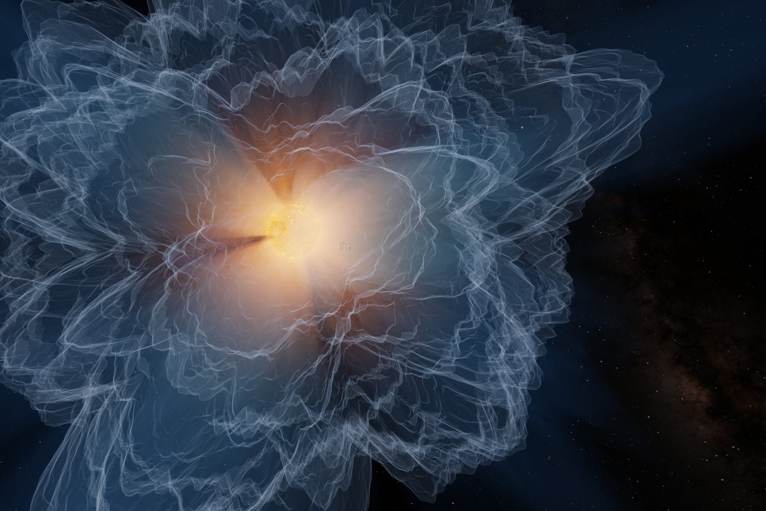 This artist's conception shows the boundary in the Sun's atmosphere where the speed of the outward solar wind becomes faster than the speed of magnetic waves. The area appears to shift between spiky and frothy, and is the point of no return for material that escapes the Sun's magnetic grasp.