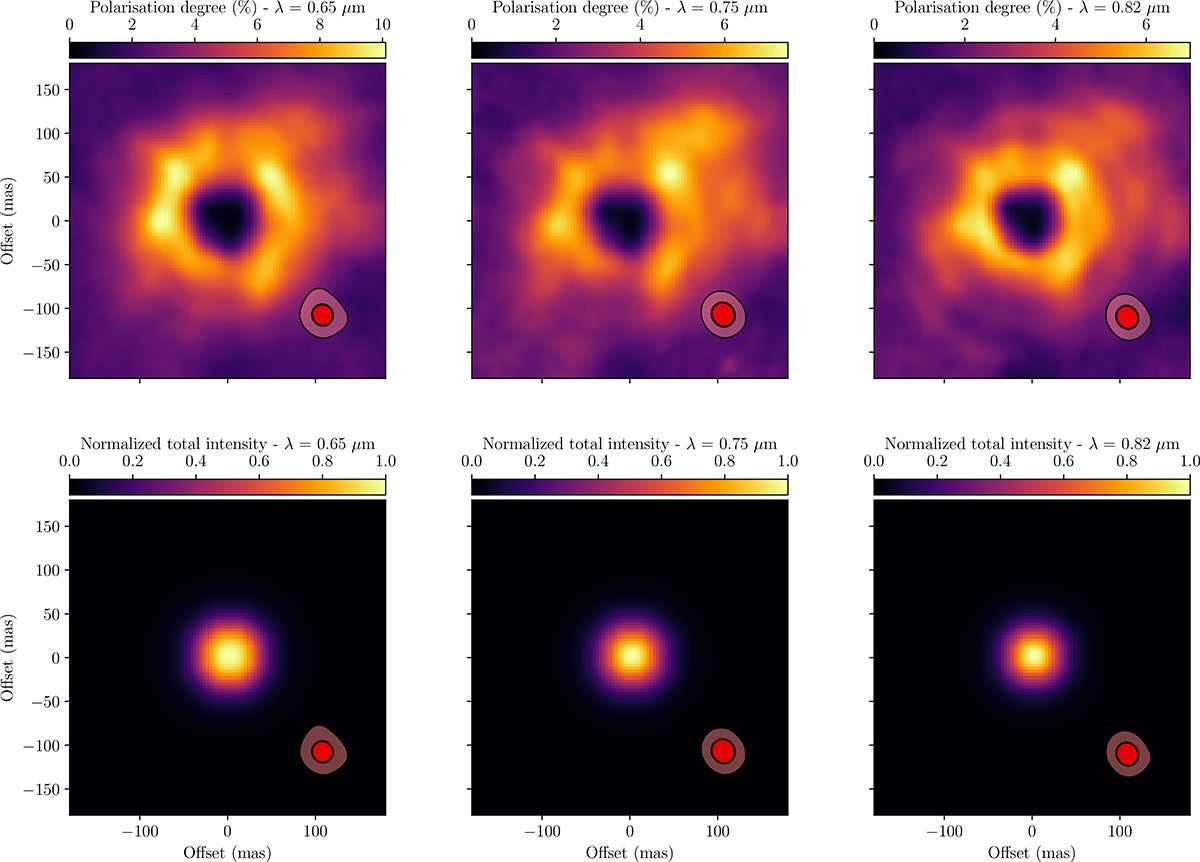 Polarisation degree maps (top row) and normalised total intensity maps (bottom row) of R Dor observed with VLT/SPHERE-ZIMPOL at three wavelengths: 0.65 μm (left), 0.75 μm (middle), and 0.82 μm (right).