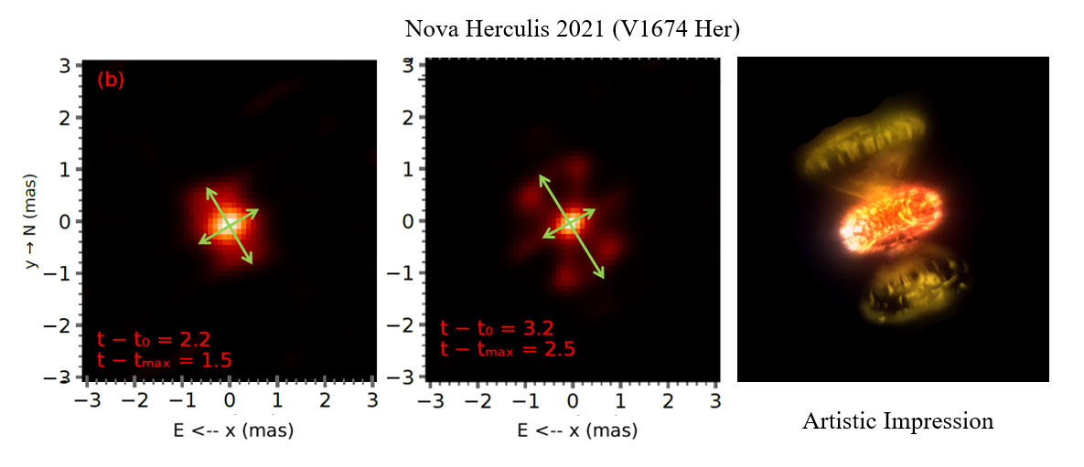 Images of Nova V1674 Herculis and an artistic impression of what the explosion looks like with higher resolution.