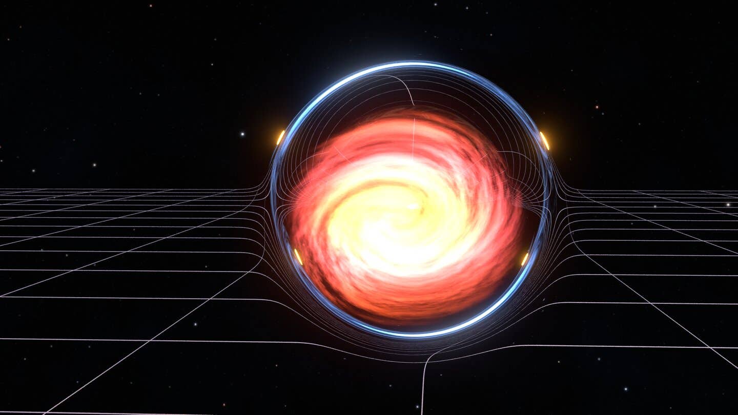 An artist’s interpretation of light from a supernova passing through a gravitational lens, reaching Earth at different times.