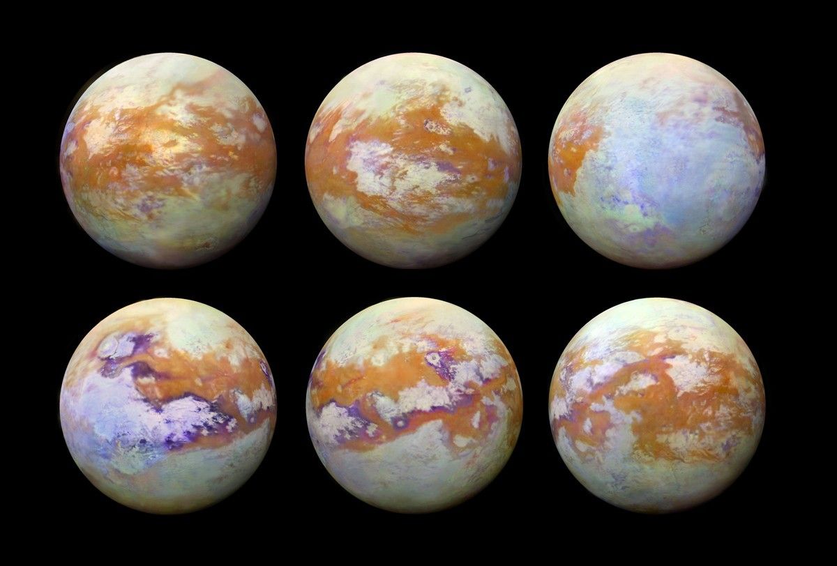 The six infrared images of Titan above were created by compiling data collected over the course of the Cassini mission. They depict how the surface of Titan looks beneath the foggy atmosphere, highlighting the variable surface of the moon