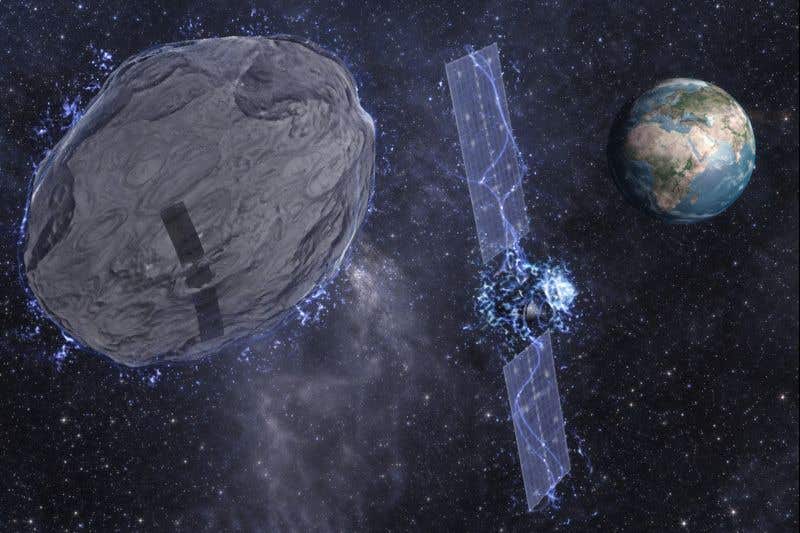 Artistic impression of the Electrostatic Tractor during an Earth encounter.