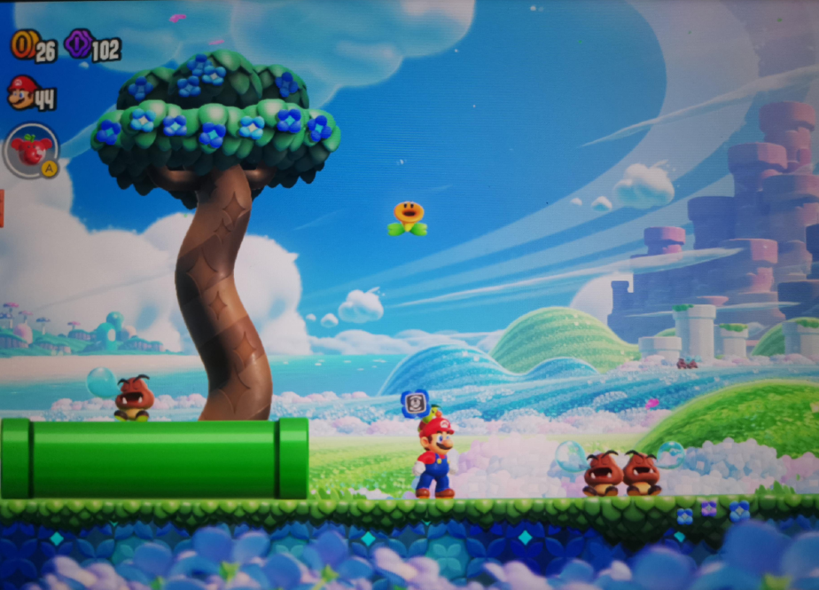 Super Mario facing sleeping enemies in Super Mario Bros. Wonder (reproduced with permission from Nintendo).