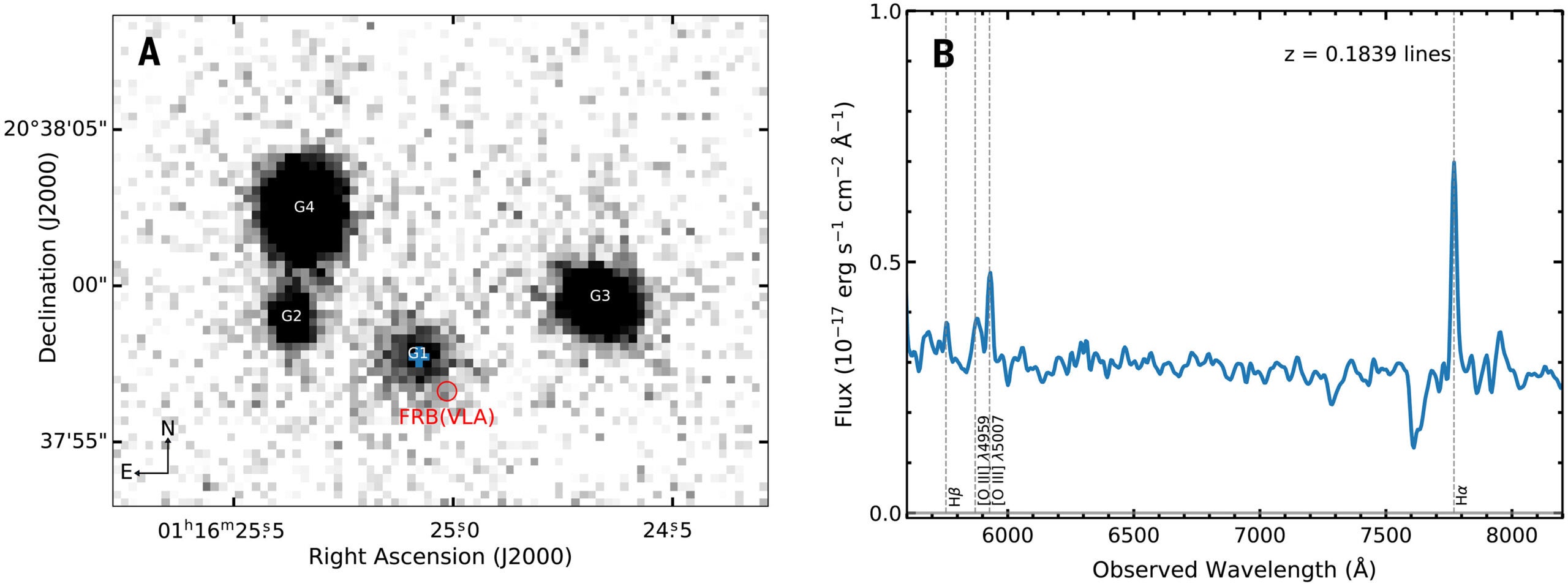 Host galaxy of FRB 20220529. Inverted brightness DESI optical (r-band) image of the location of FRB 20220529.