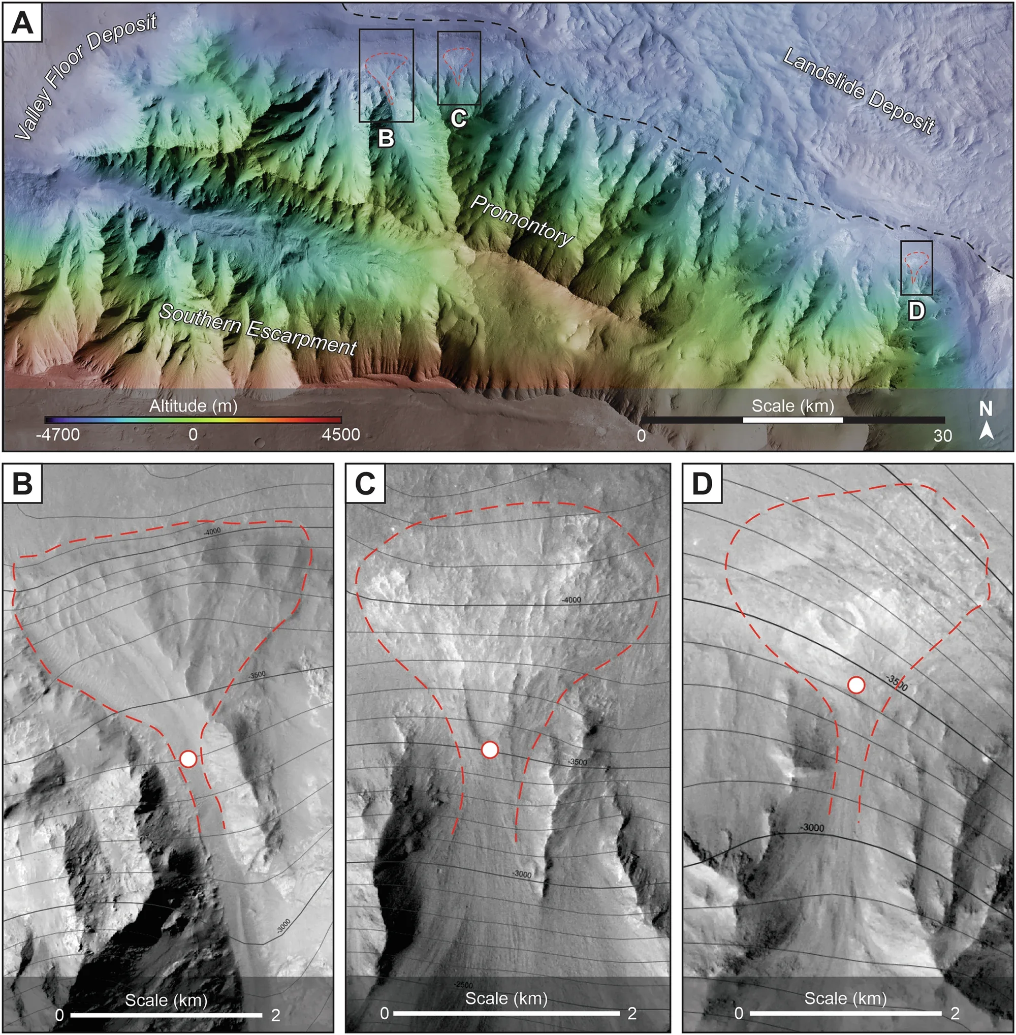 Scarp-Fronted Deposits (SFDs) in the promontory of Southeast Coprates Chasma.
