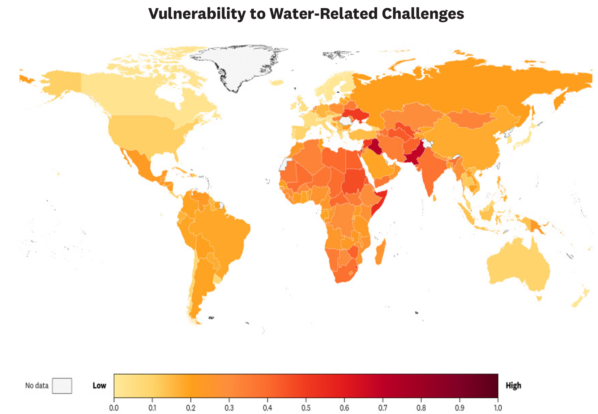 Baseline vulnerability of different nations to water-related challenges. This index reflects the susceptibility of a region to water-related challenges, considering its environmental, social, and economic conditions. Map produced based on data from Water Resources Vulnerability Monitor.