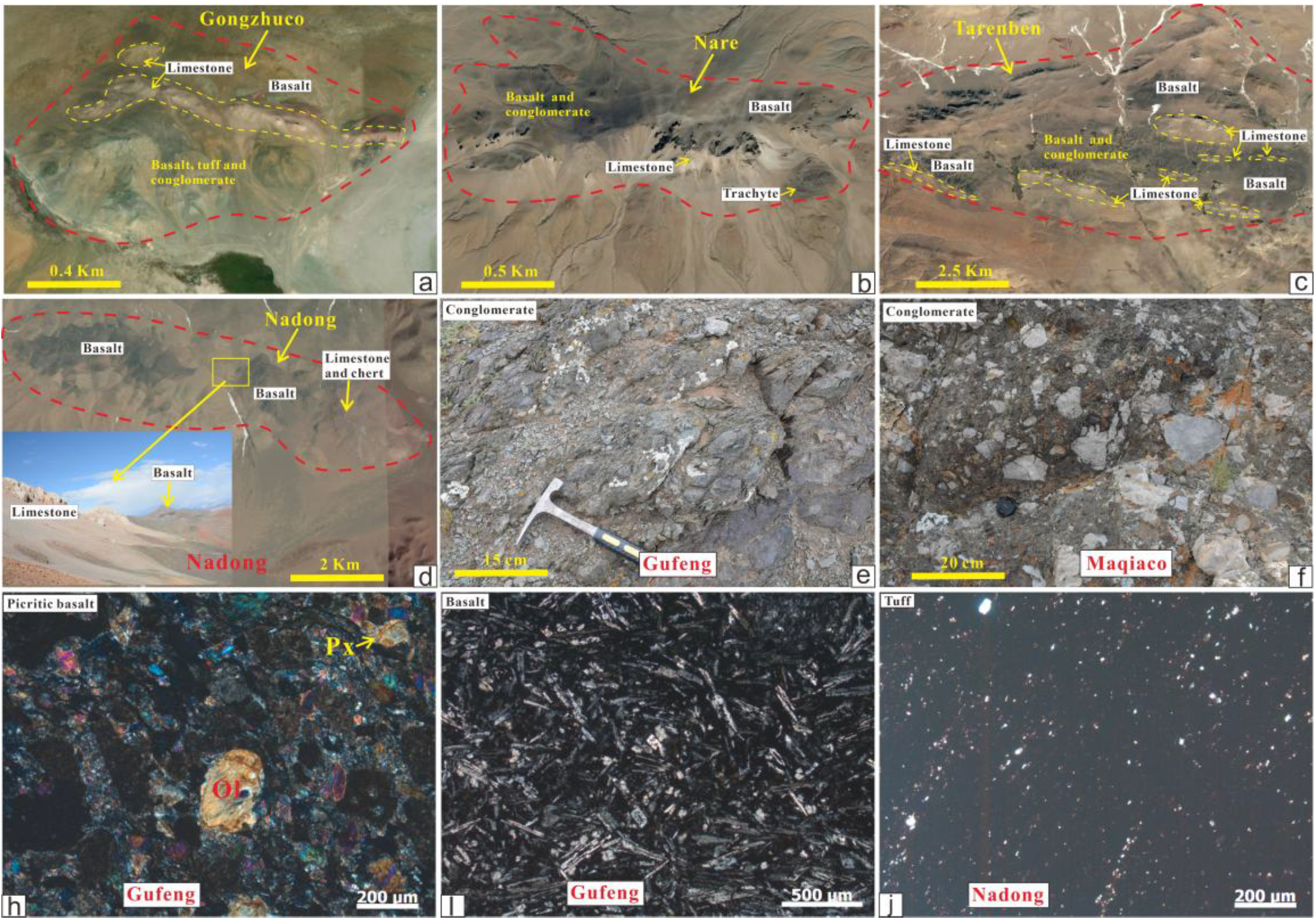 (a) Remote sensing satellite image of Gongzhuco; (b) Remote sensing satellite image of Nare; (c) Remote sensing satellite image of Tarenben; (d) Remote sensing satellite and field photograph (inset) of Nadong; (e) Conglomerate from Gufeng; (f) Conglomerate from Maqiaco; (g) Picritic basalt from Gufeng; (h) Basalt from Gufeng; (i) Tuff from Nadong. Ol, olivine; Px, pyroxene
2.